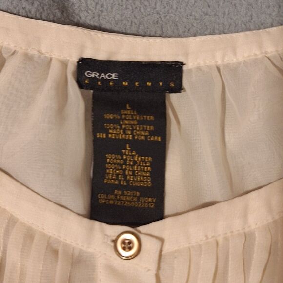 GRACE ELEMENTS Vintage Ivory Blouse Women L Roll up Long Sleeves Pleats - Picture 6 of 12